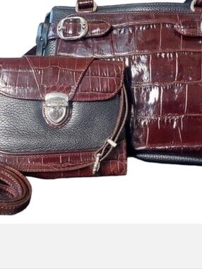 Brighton Two-Tone Black and Dark Brown Croc-Embossed Shoulder Bag Set